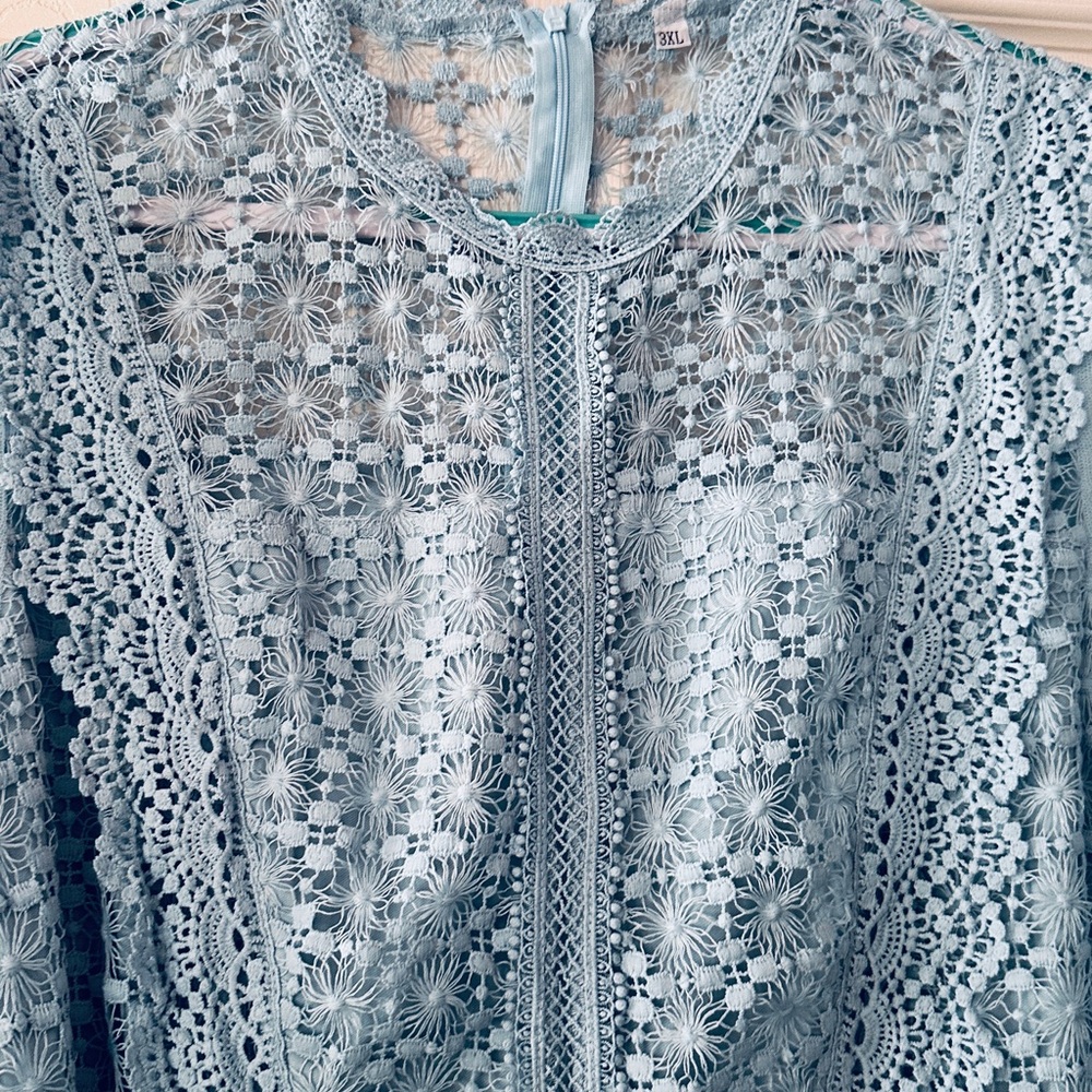 Chic Light Blue Lace Long Sleeve Dress - Picture 3 of 7
